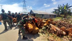 PLETON PBA (PENANGGULANGAN BENCANA ALAM) YONIF 8 MARINIR DENGAN SIGAP BERGERAK MEMBANTU WARGA DESA PAYAMALA BERSIHKAN POHON YANG TUMBANG
