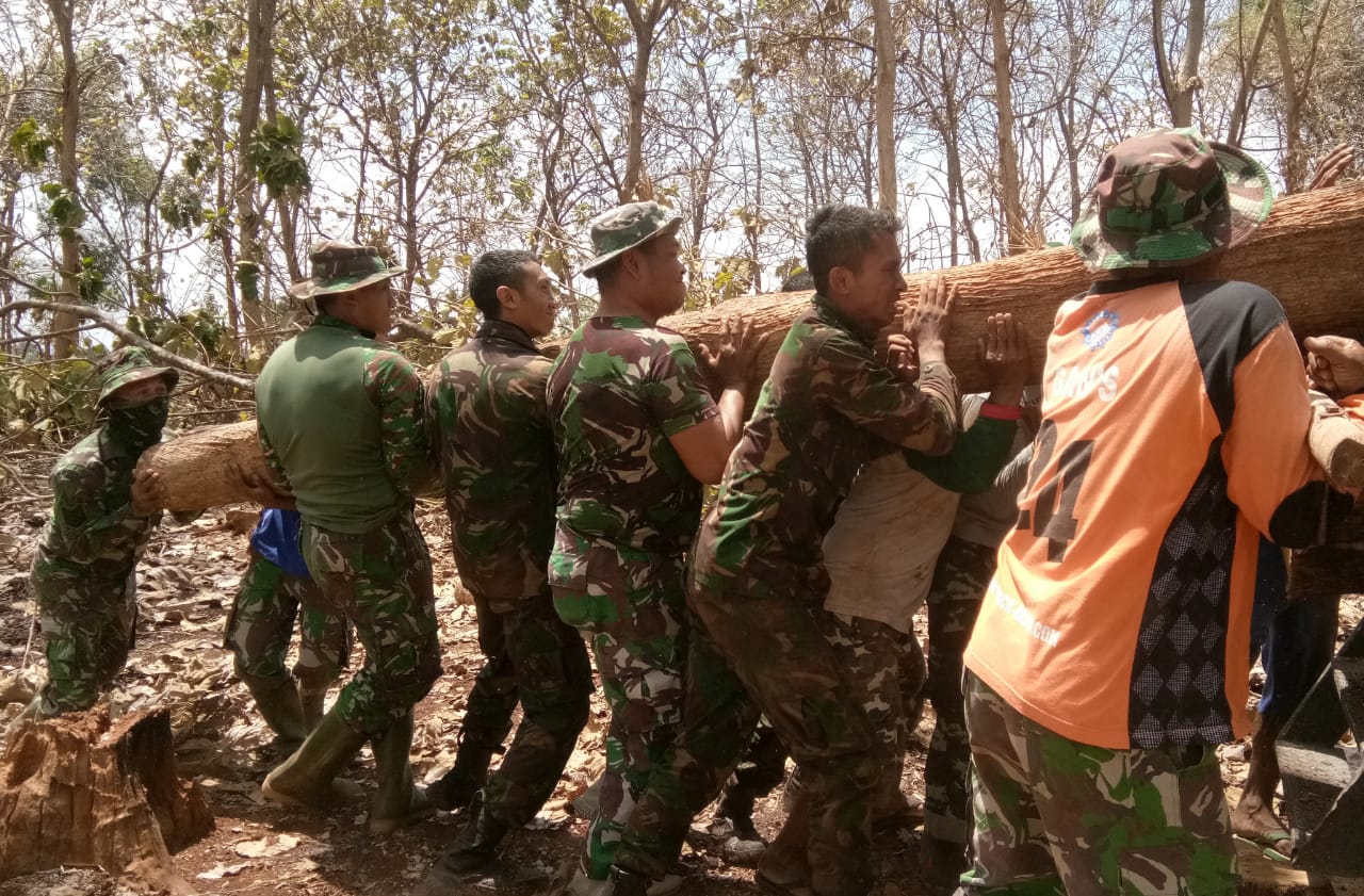 Secara gotong royong anggota Satgas TMMD angkat potongan kayu jati