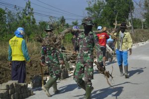 Anggota Satgas TMMD Bantu Singkirkan Ranting Pohon