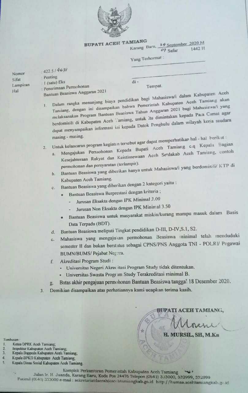 Anggaran Tahun 2021 Pemkab Aceh Tamiang Buka Program Beasiswa Bagi Mahasiswa