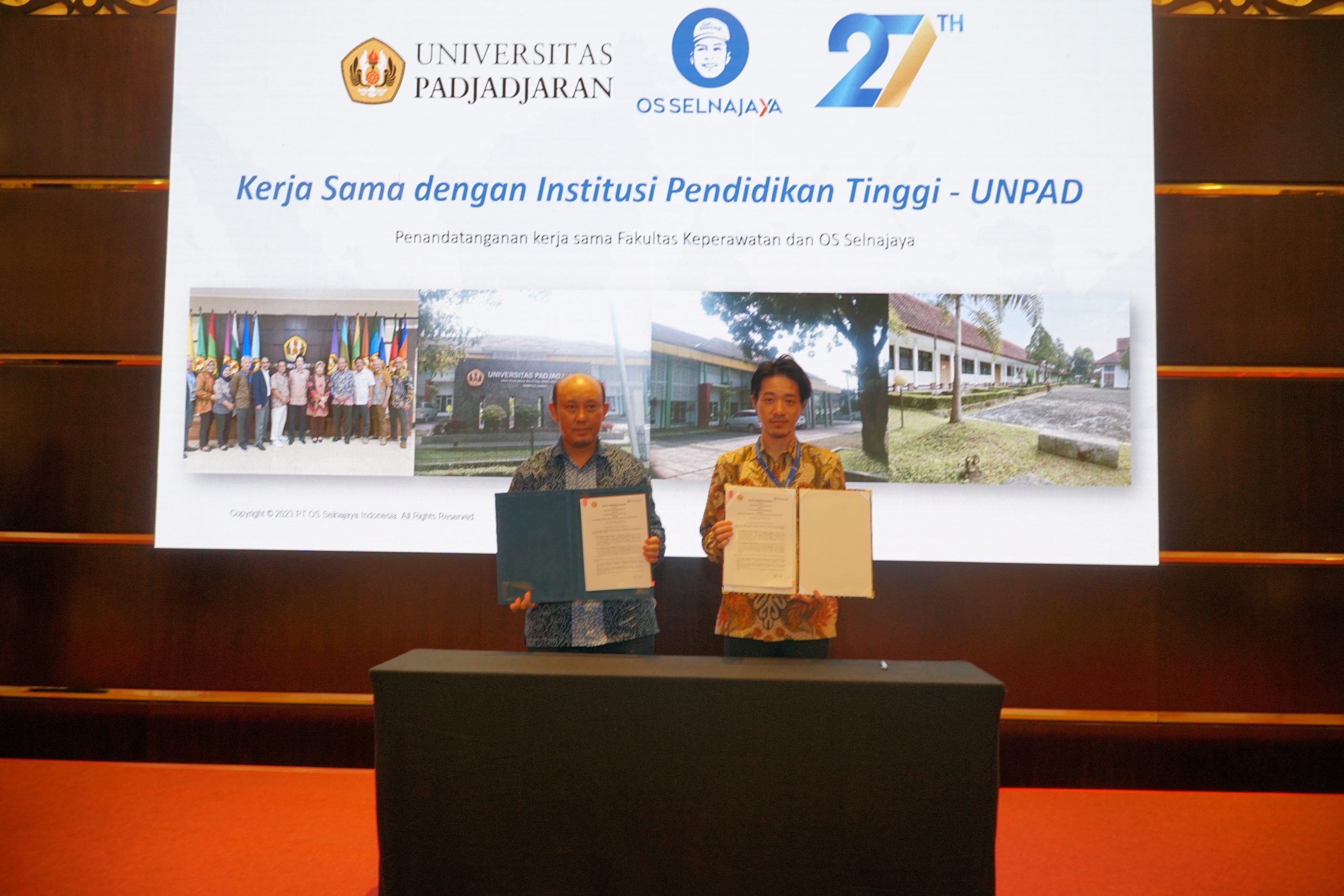  Penandatangan MoU antara PT OS Selnajaya Indonesia dengan Fakultas Ilmu Keperawatan, Universitas Padjajaran tentang Pendidikan, Penelitian, dan Pengabdian Kepada Masyarakat, di momen Annual Meeting PT OS Selnajaya Indonesia yang ke 27, di Catur Dharma Hall, Menara Astra.  